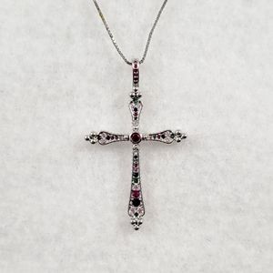 Sterling Silver Cross Pendant Necklace with Pink and Green Stones